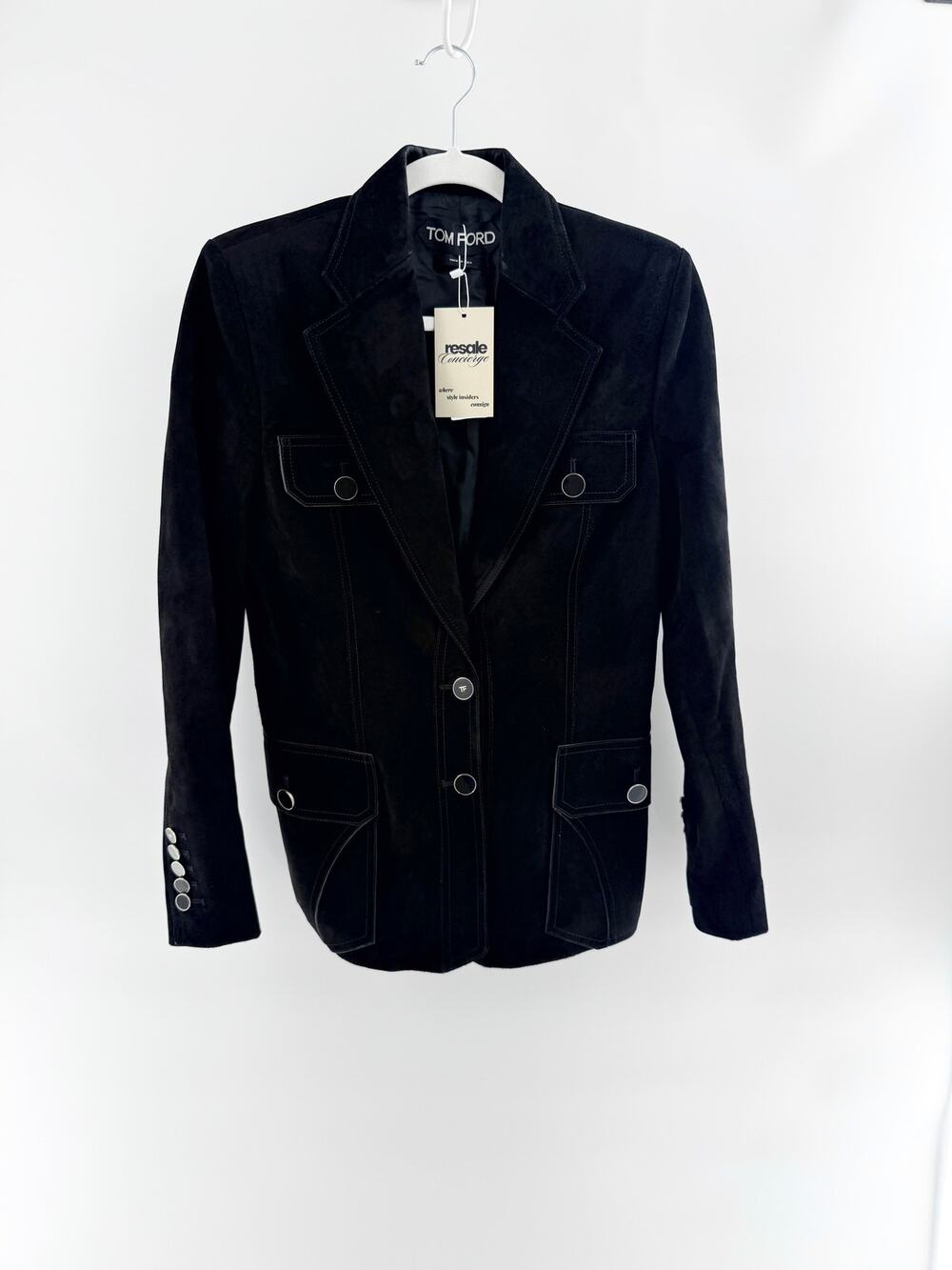 Tom Ford Suede Long Sleeve Notch Lapel Single Breasted Blazer Jacket Black 40/8